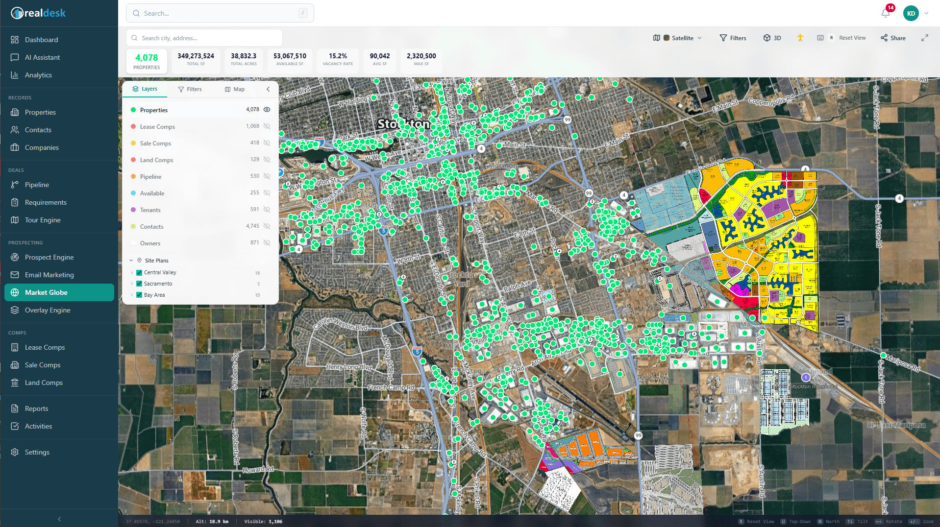 Realdesk Market Globe — satellite view of the Stockton industrial market with overlayed properties, comps, and pipeline