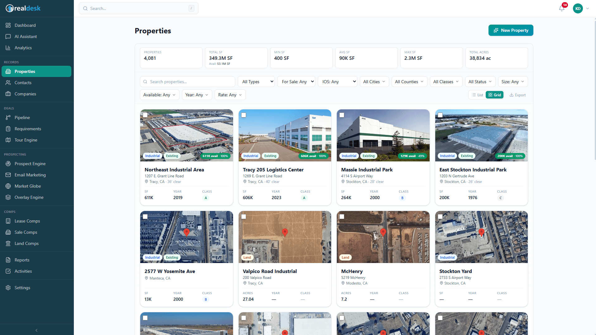 Realdesk Properties — 4,081 industrial buildings in the market with filterable building class, SF, and availability
